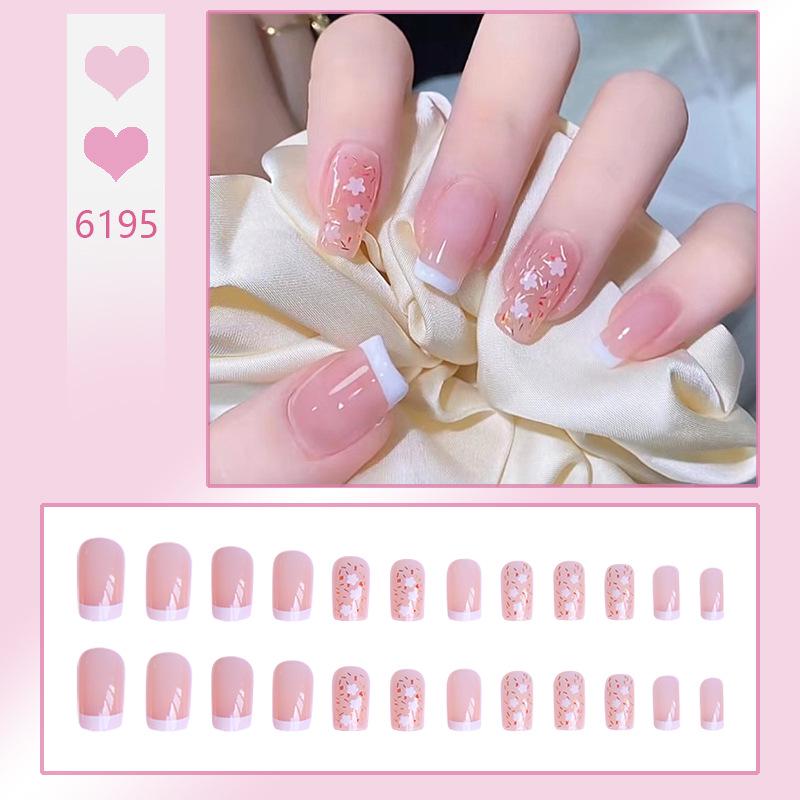 

Pink Floral French Edge Nail Art Stickers - Sweet & Cute Wearable Fake Nails Glue Version