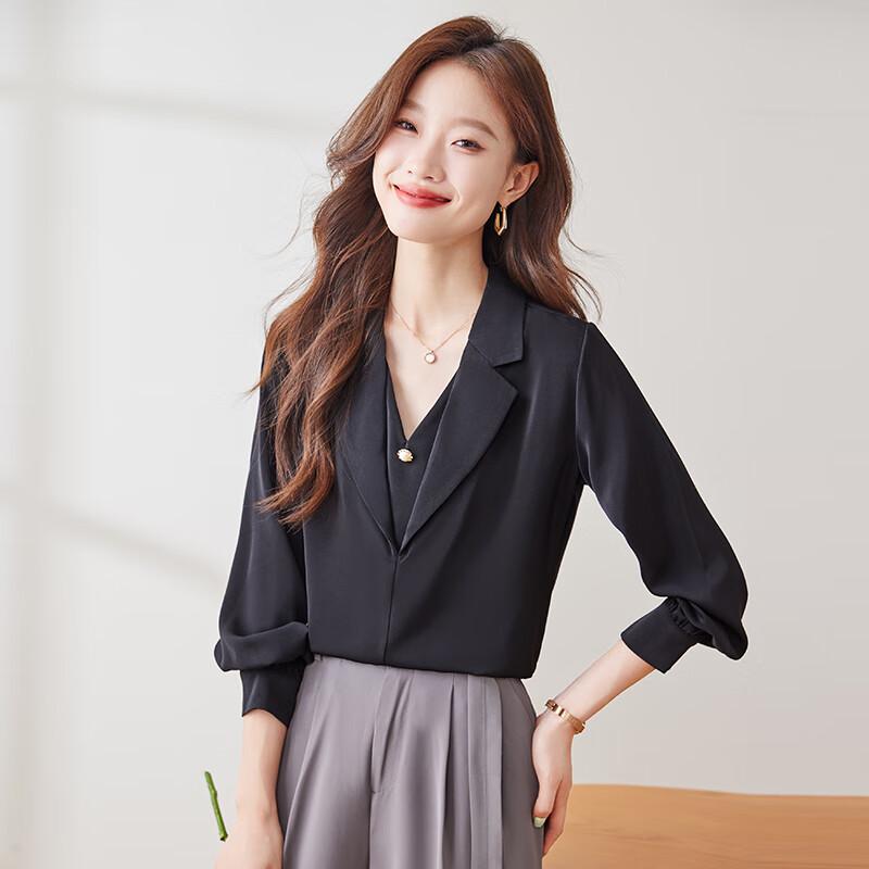 Teluoman Women s Faux Two-Piece Long-Sleeve Professional Shirt L