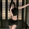 Fashion Wear Spice Girl Slim Pure Desire Black Front Shoulder Short Sleeve Low Waist Sex Underwear Hip Skirt Women