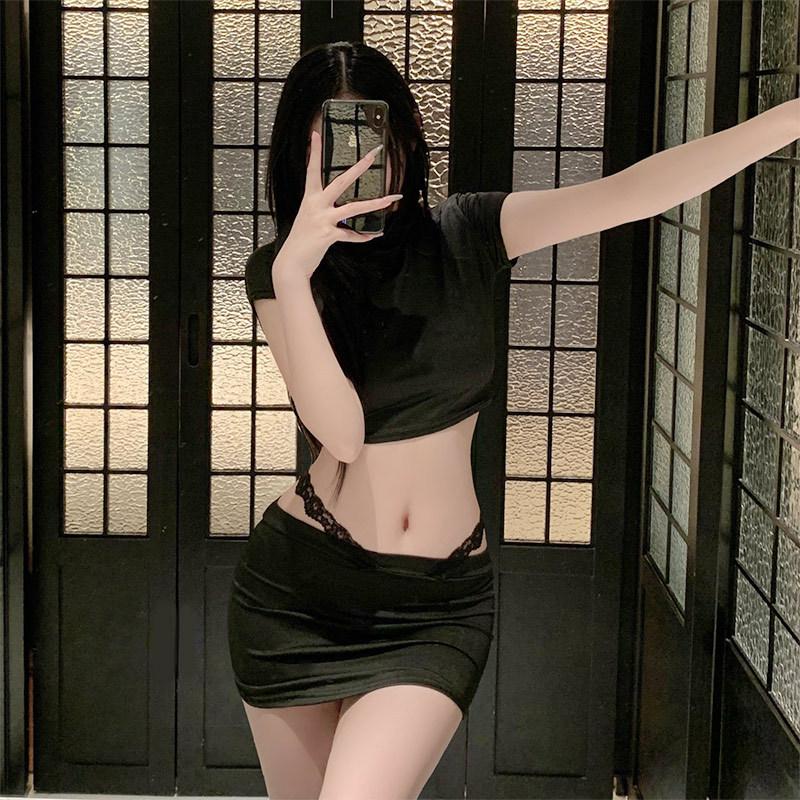 Fashion Wear Spice Girl Slim Pure Desire Black Front Shoulder Short Sleeve Low Waist Sex Underwear Hip Skirt Women