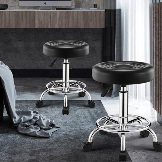 Beauty Stool, 360-degree Rotation Wheel Bar Stool, Height Adjustable Salon Chair, Faux Leather Cushioned Office Shop Stool, with Metal Frame (Black)