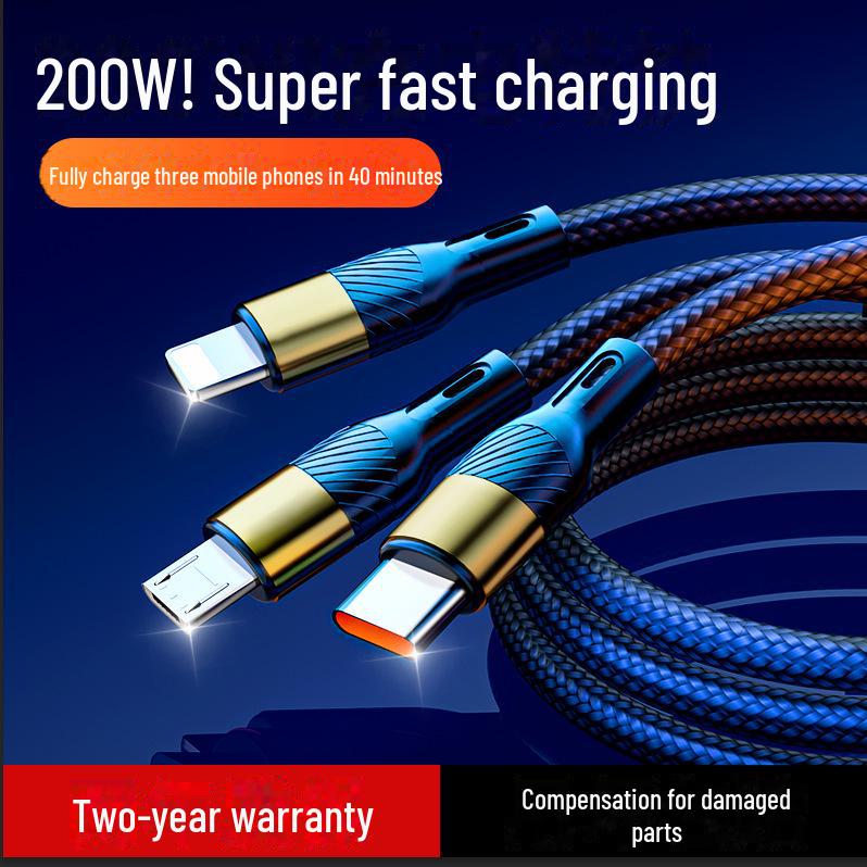 200W Superrychlý nabíjecí kabel tři v jednom pro Apple 15, Huawei, OPPO, Honor