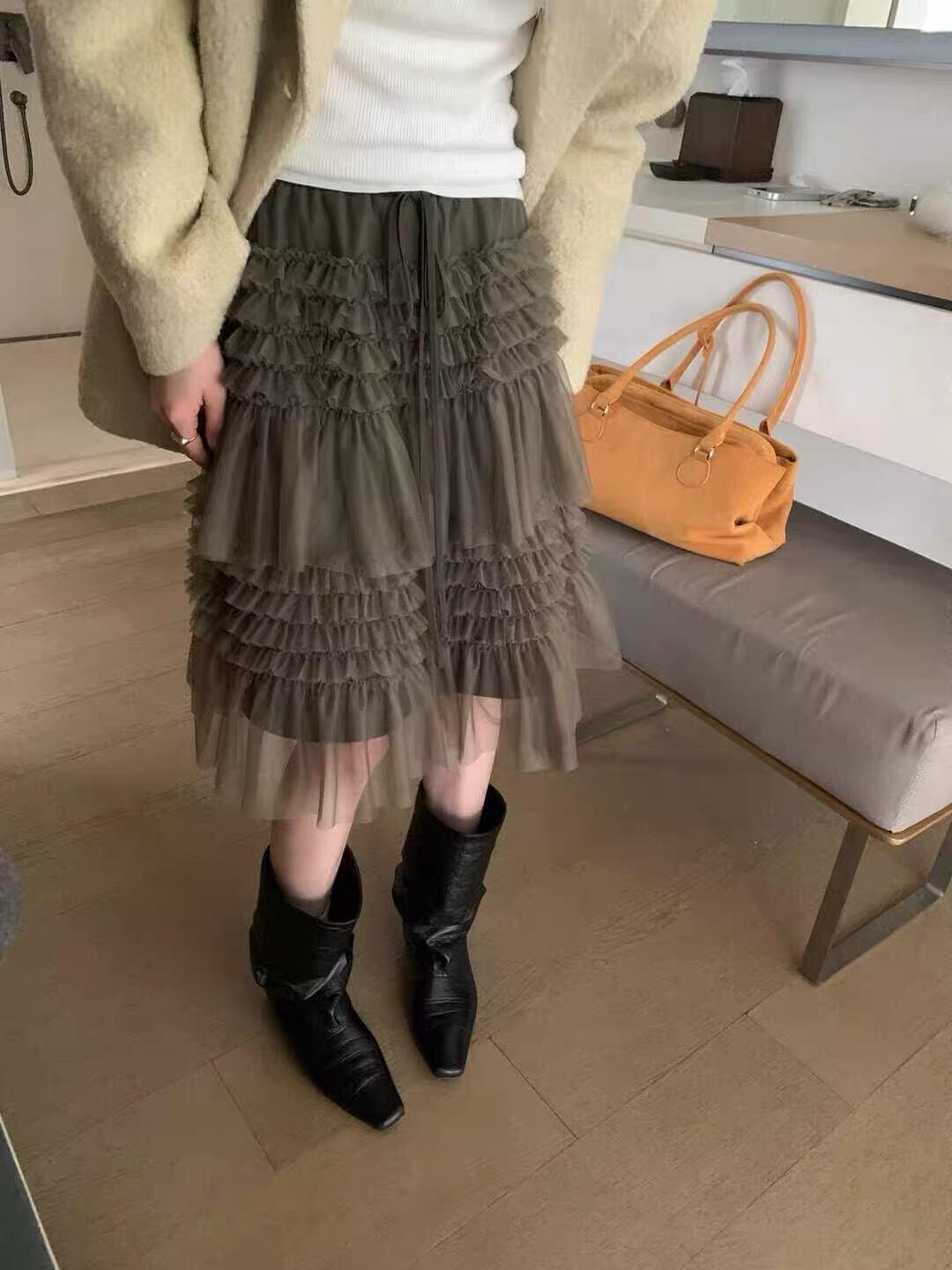 

2025 Autumn/Winter Layered Gauze Cake Skirt - Solid Color Korean Style One Size зелёный