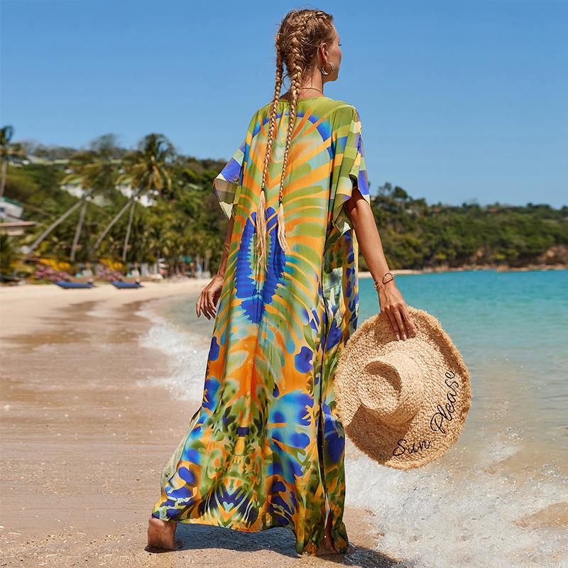 EDOLYNSA Women Elegant Kaftan Dresses Long Plus Size Bathing Suit Cover Up Resort Wear Beach Swimsuit Coverups Loose LoungewearQ1464