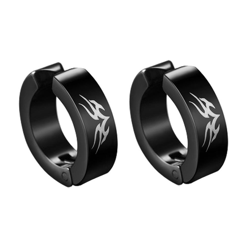 2pieces Punk Titanium Steel Ear Clip Earrings For Men Women Print Pattern Black No Pierced Fake Ear Circle New Pop Jewelry