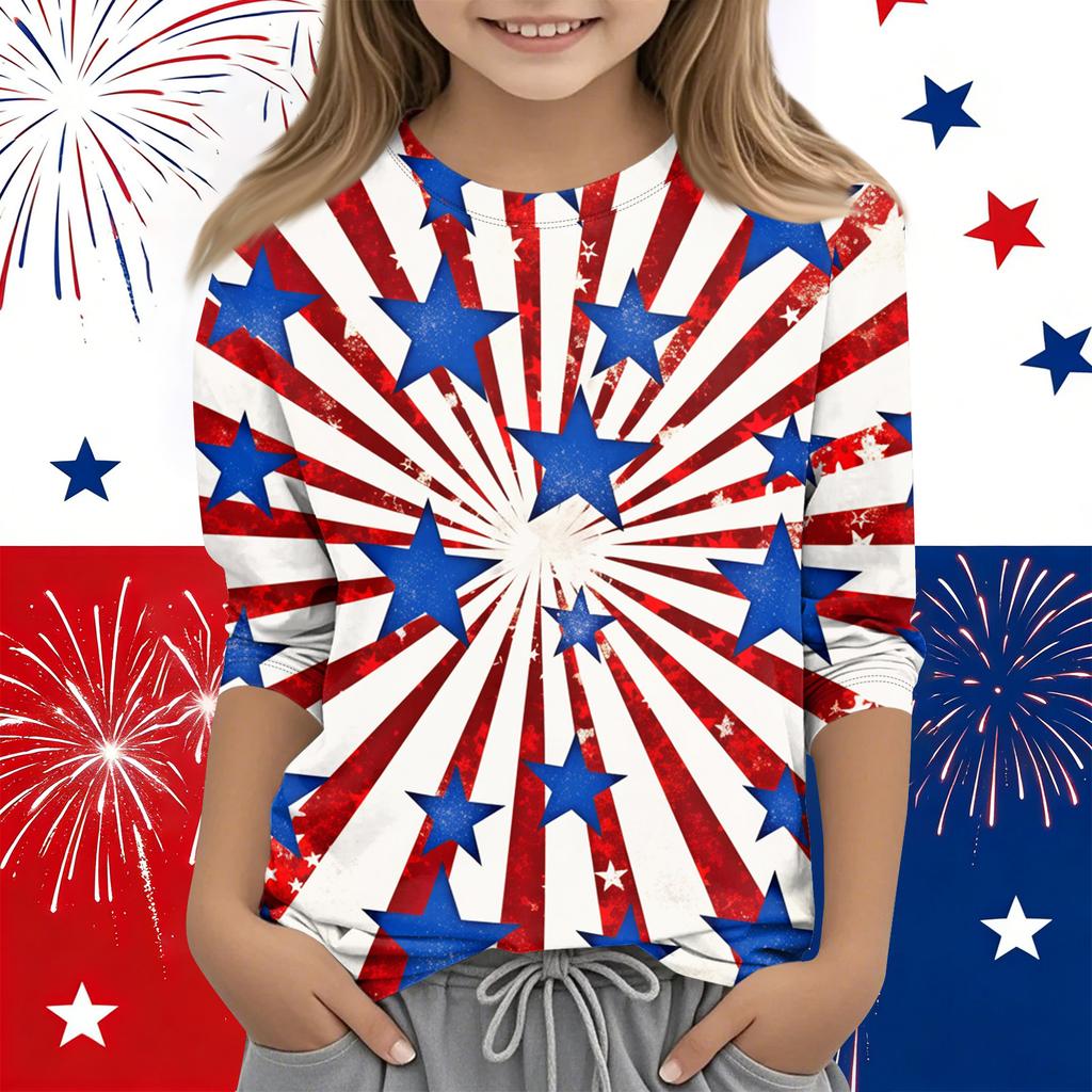 Print-Oberteile für junge Mädchen Rundhals 3/4-Ärmel T-Shirts Trendige Oberteile Outfit-T-Shirts Unabhängigkeitstag