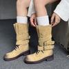Lan Cabinet 2025 autumn and winter new retro western cowboy boots women's versatile casual mid-tube boots niche locomotive boots