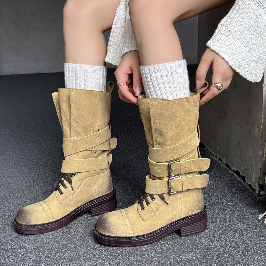 Lan Cabinet 2025 autumn and winter new retro western cowboy boots women's versatile casual mid-tube boots niche locomotive boots