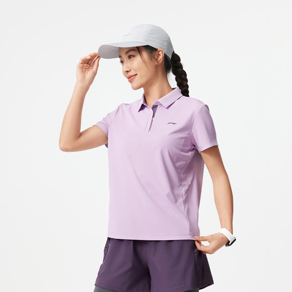 Li-Ning Fitness Series Simple Solid Color Loose Fit Short Sleeve Polo Shirt Women Tops Twilight-Purple APLV016-3