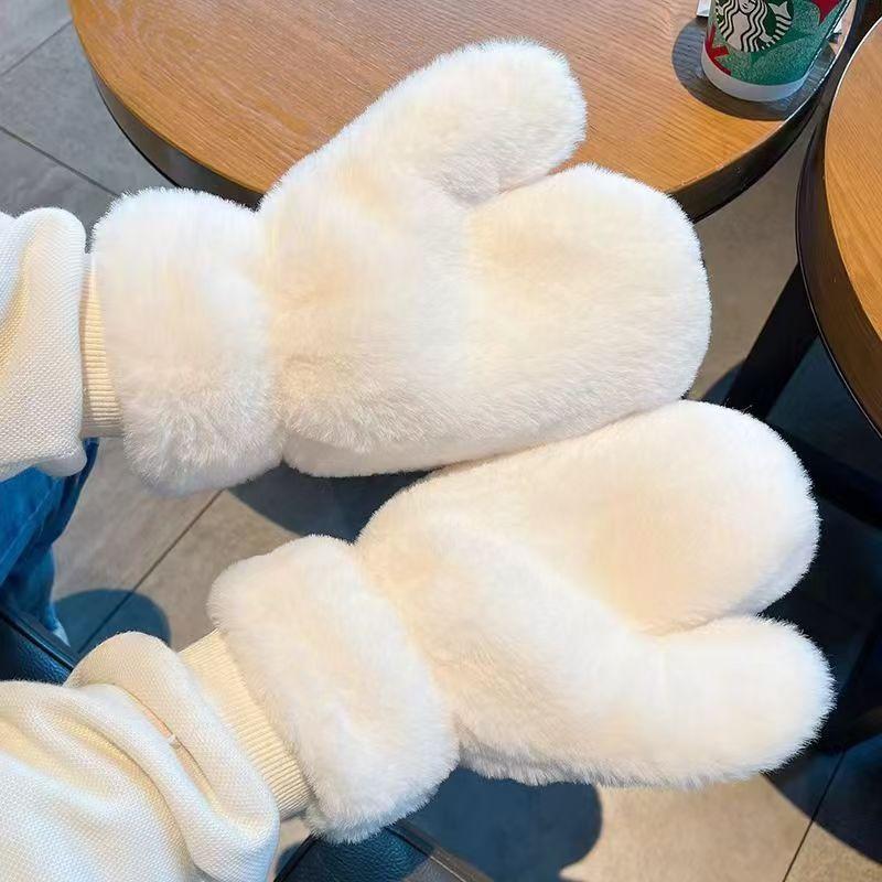 Winter Continuous Fingers To Ride A Bicycle Fashionable Cute Girl and Student Male Plus Velvet Imitation Rabbit Fur Gloves Warm Windproof Plush Gloves