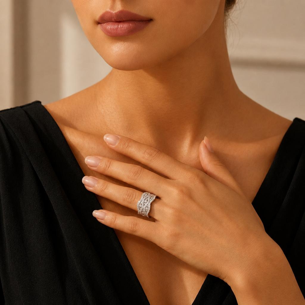 Luxury Wavy Wide Band S925 Silver VVS Round Brilliant Cut Multi-Layer Mixed Prong Pave GRA Certified Minimal Moissanite Ring