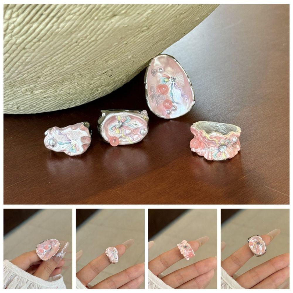 Adjustable Enamel Drip Oil Ring Cartoon Flower Cuff Ring Pink Opening Ring  Festival Ornaments