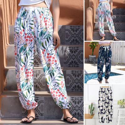 Women Summer Harem Pants Elastic Drawstring Waist Wide Leg Casual Trousers Floral Print Thin Bloomers