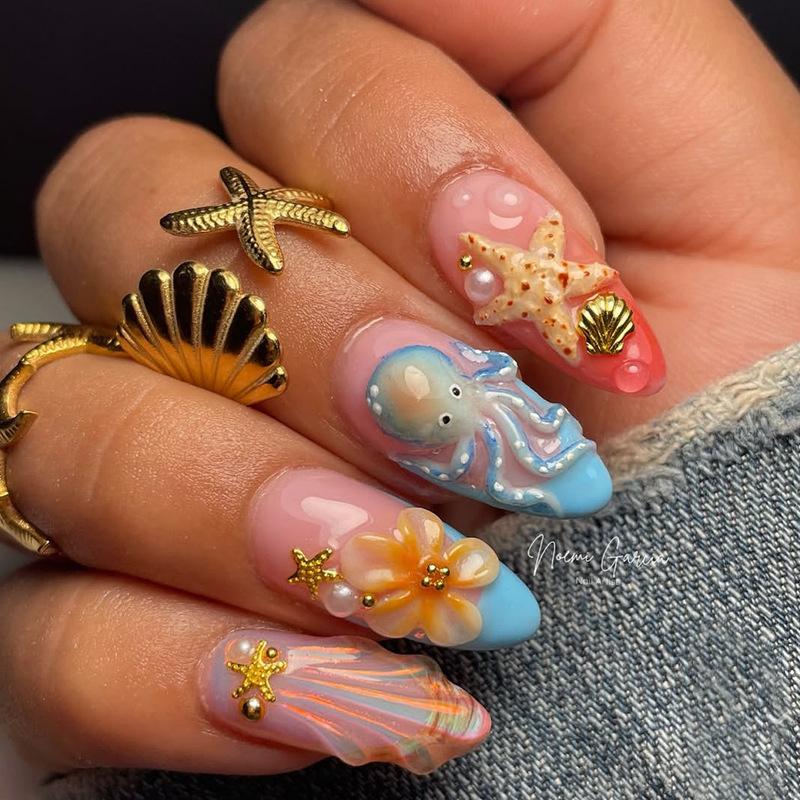 24Pcs Blue Cat Eye Almond Press On Nails Short Golden Edge French Floral Fake Nails