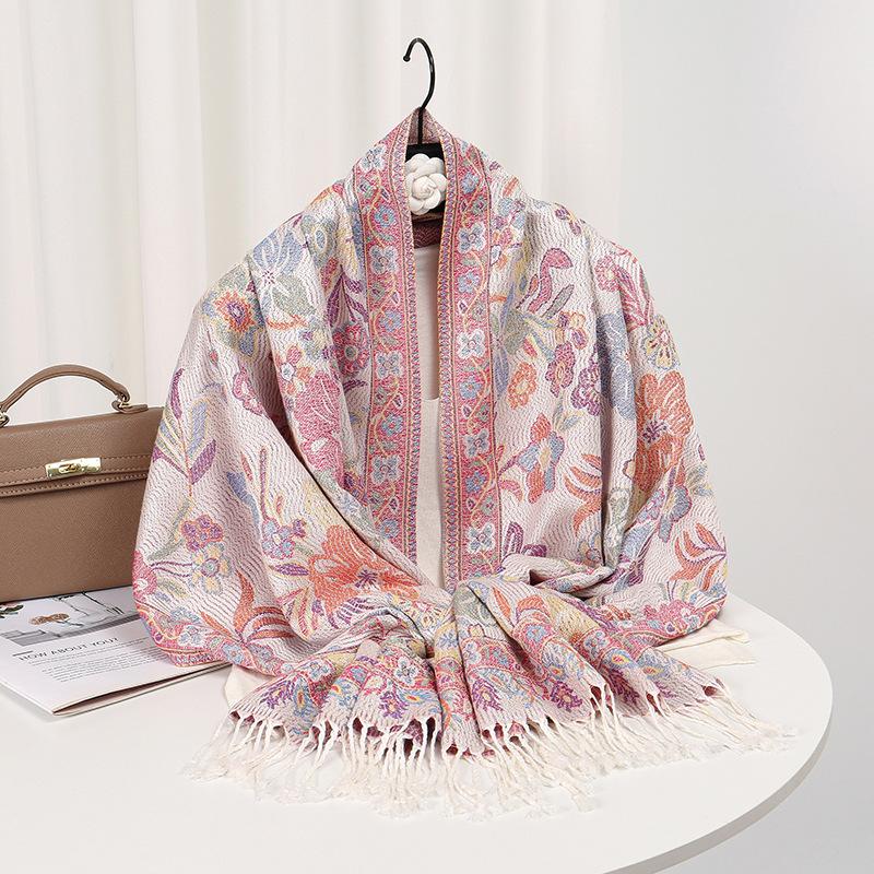 

Растительный Цветочный Узор Имитация Кашемира Этнический Стиль Длинная Бахрома Жаккардовая Шаль Шарф Двойного Назначения Высокое Чувство 70*180cm