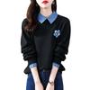 Stylish Streetwear Floral Patchwork Sweatshirts Spring Autumn Fake Two Pieces Loose Polo-Neck Female Long Sleeve Pullovers