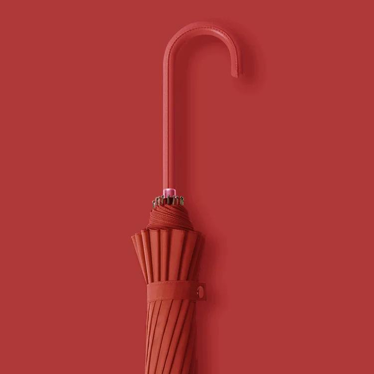 16-Rib Umbrella with Japanese-Style Fresh Design, Leather Handle, Curved Hook, Straight Pole, Large Double-Person Umbrella for Sun and Rain, Gift or