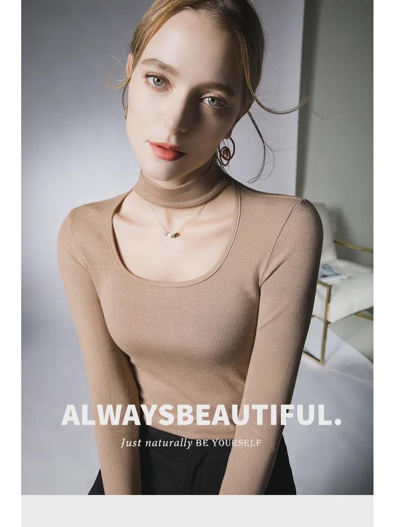 Hollow-Out Collarbone Halter Neck Fashion Tops for Autumn and Winter