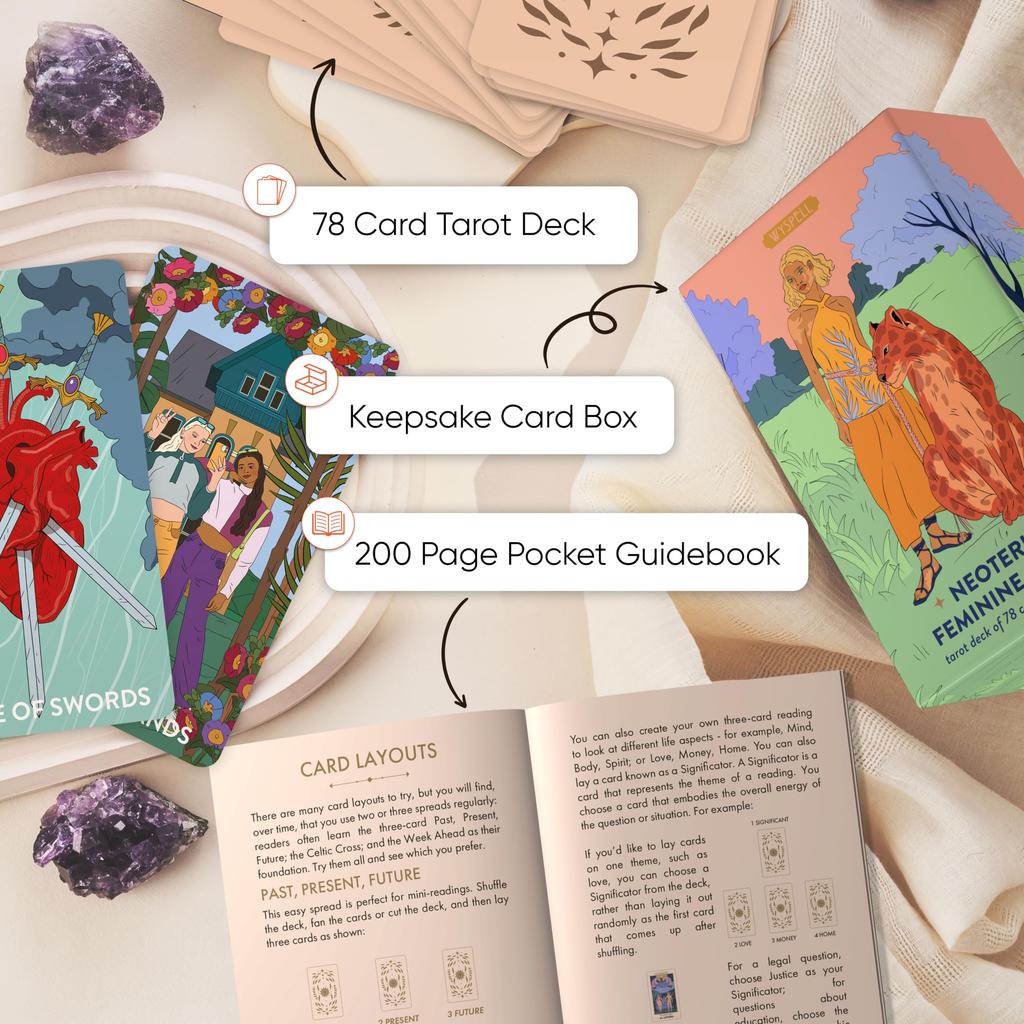 Wyspell Feminine Tarot Card Deck – Borderless – Guidebook Included – Neoteric Beginner Tarot Deck Cards