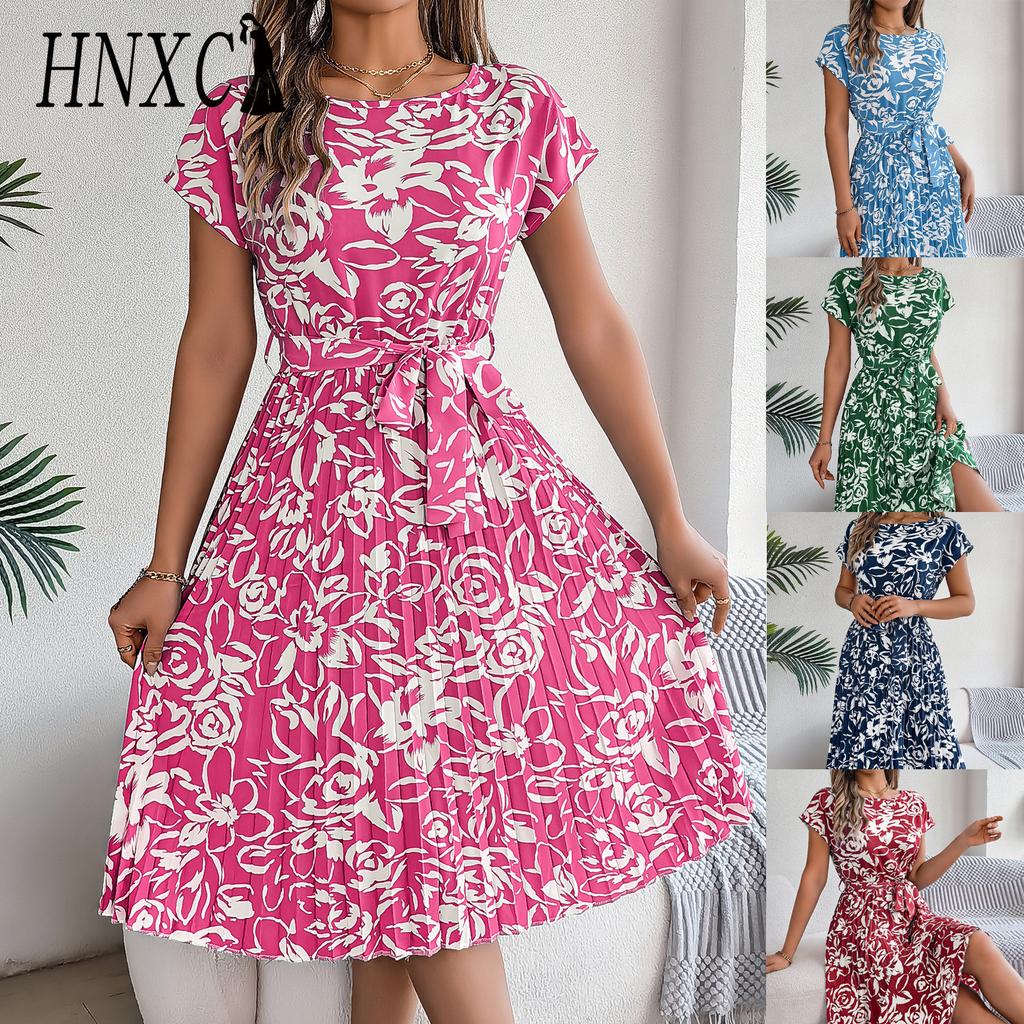 HNXC Spring Summer Elegant Floral Short-sleeved Wide-swing Pleated Dress for Women's Wear