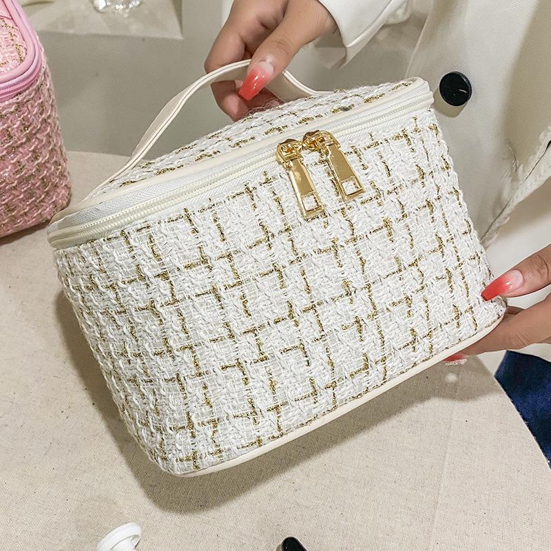 Chic Tweed Cosmetic Makeup Bag Large Capacity Handbag Travel Toiletry Organizer Portable Pouch For Women