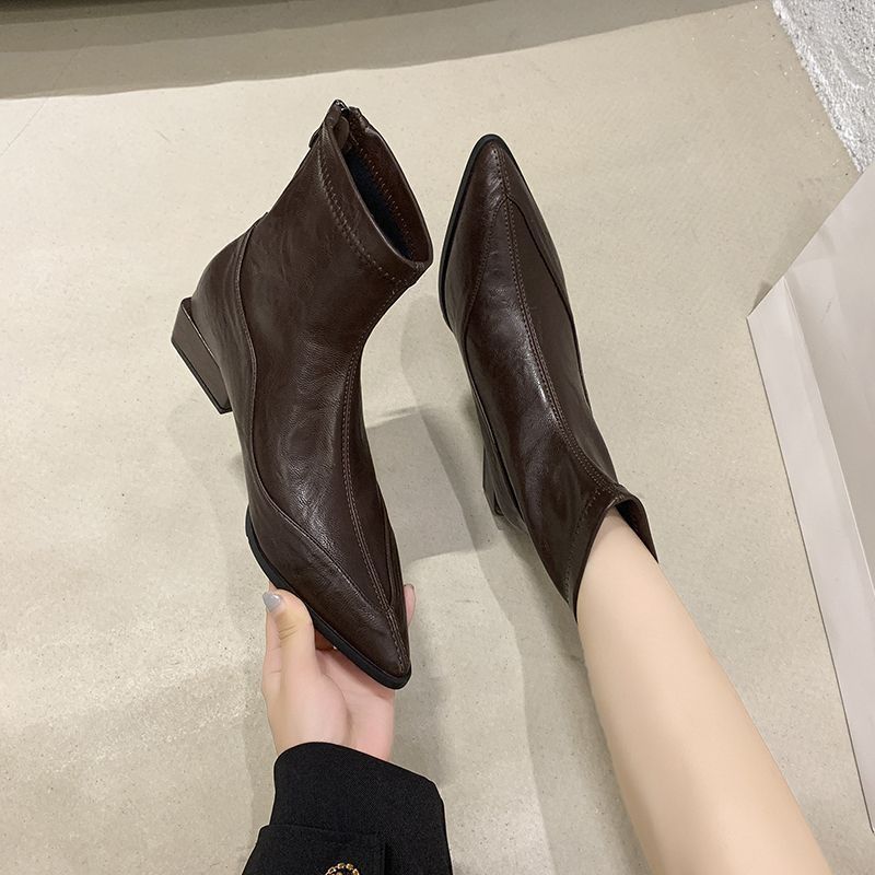 Ji Niche Thin Boots Pointed Short Boots Children Pointed Thick Heel Zipper Short Boots Women