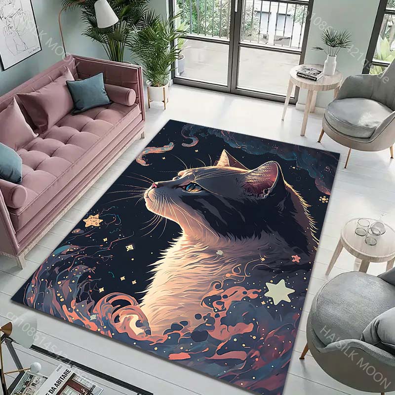 1PC Cat and cosmic fantasy illustration Carpet for Living Room Bedroom Sofa Home Decor Rug Non-slip Floor Mat Luxury Gift