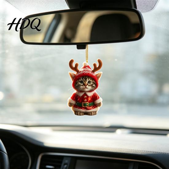 Cat Lover Christmas Presents Santa Ornament Acrylic Car Mirror Hanging Decor with Small Holiday Decorations Reindeer Antlers 2D Cute Bag Charm