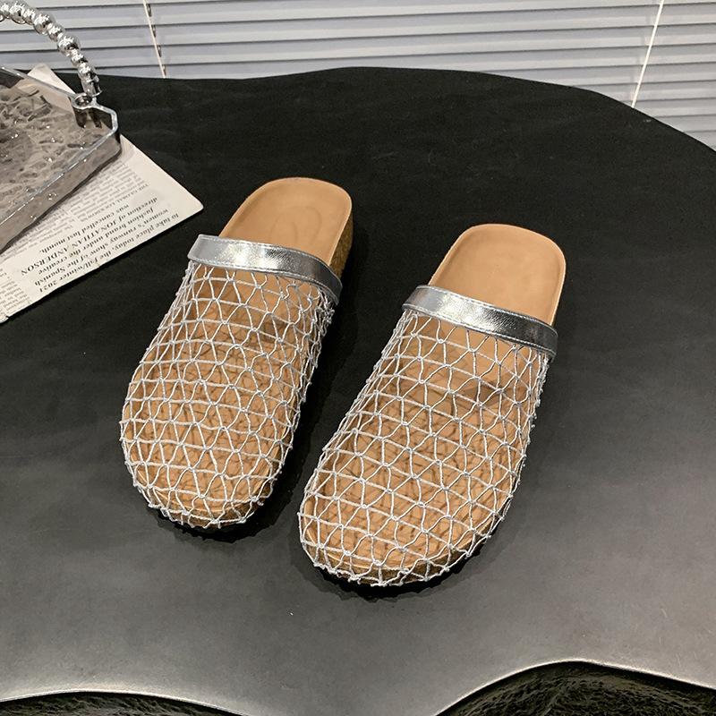 

Нишевые сумки, тапочки с закрытым носком, новинка 2025 года, женская обувь на плоской подошве, плетеные тапочки-полупаки, с полым верхом в виде рыболовной сети 40 серебряный