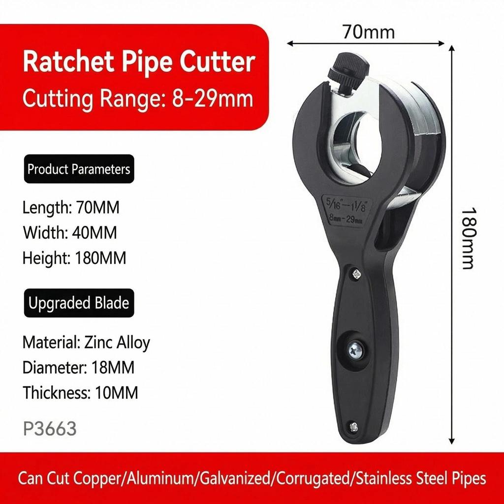 Ratchet Tube Cutter - Versatile Hand Tool for Copper, Aluminum, Iron, Stainless Steel, PPR & PE Pipes