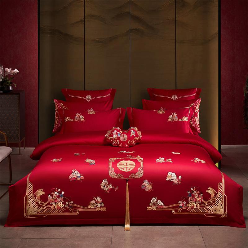 High-End Long-Staple Cotton Wedding 4Pcs Set Chinese Wedding Wedding Kit Big Red Embroidery Pure Cotton Wedding Bedding