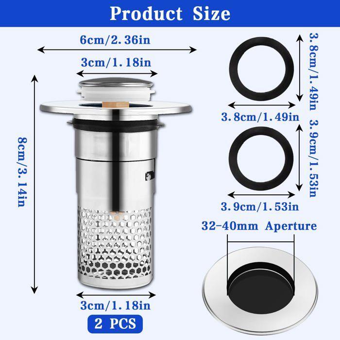 Bouchon lavabo pop-up - AIMOONSA - 2 pièces - Inox 304 - Universel 32-40 mm - Avec crépine