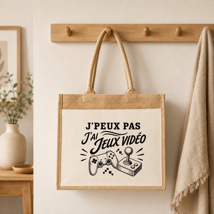 Cabas (sac cabas) - PLANETEE - J'peux pas minimaliste - Toile de jute et coton - 21 L - Anses 65 cm