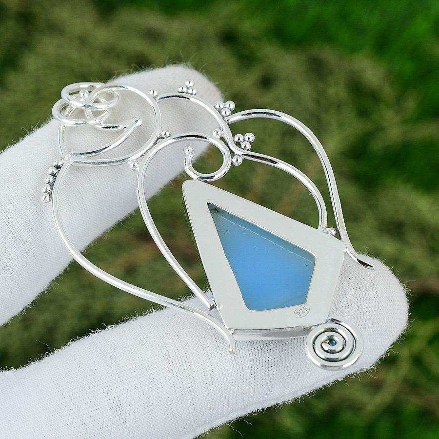 Pentagon Natural Blue Chalcedony 925 Silver Bezel Throat Chakra Handmade Pendant