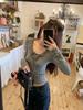 Women's Winter Chic Slim Fit V-Neck Gray Lace Tie-Up Cropped Top