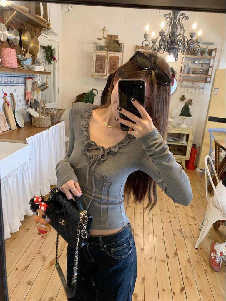 Women's Winter Chic Slim Fit V-Neck Gray Lace Tie-Up Cropped Top