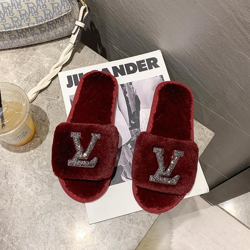 Large Size Fluffy Slippers Autumn and Winter New Home Flat Bottom Warm One-word Slippers Fashion Cotton Slippers