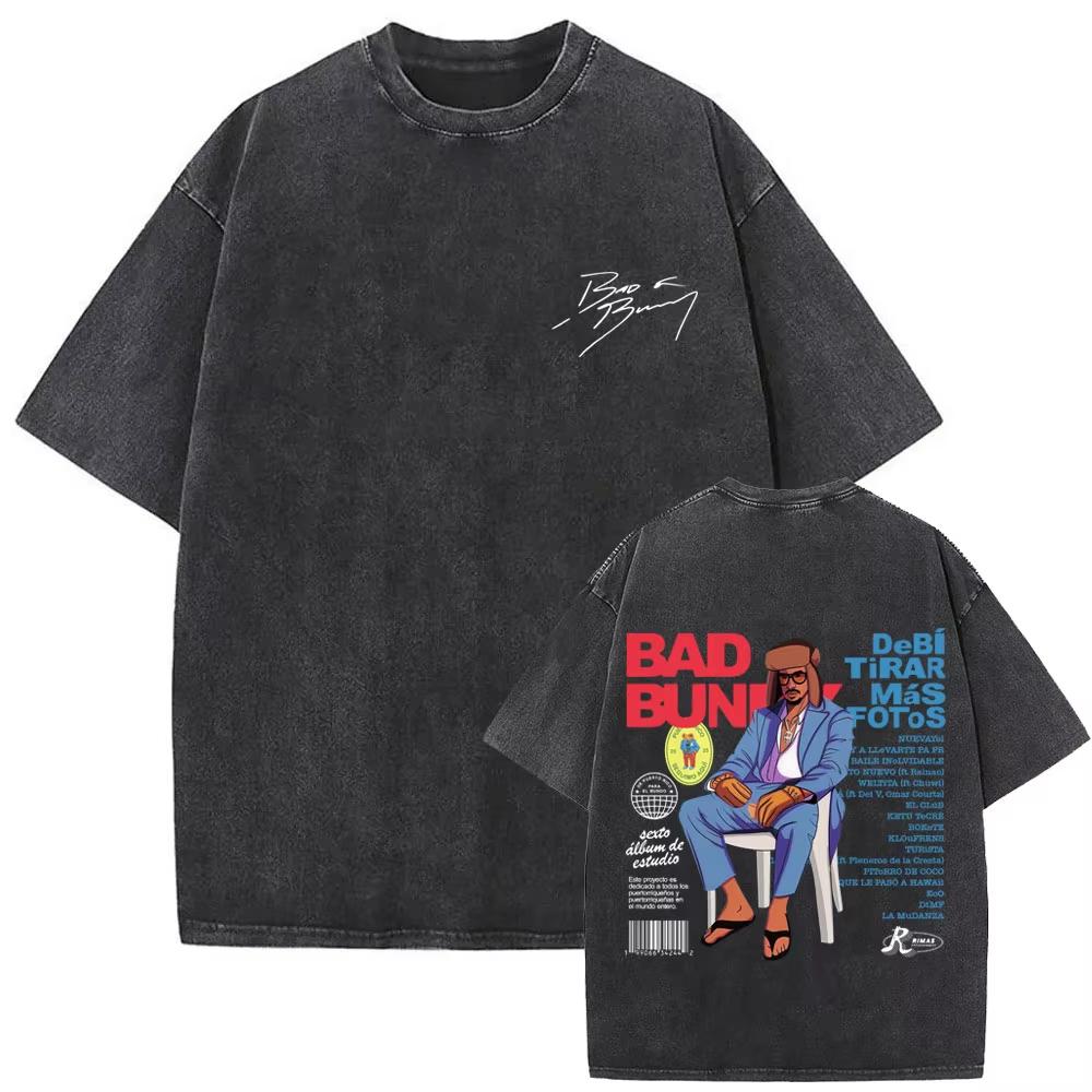 Rapper Bad Bunny Graphic Tshirt Debi Tirar Mas Fotos DTMF Washed Vintage T Shirt Mens Women Hip Hop Fashion Oversized Tshirts