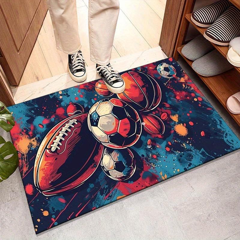 Sports Theme Area Rug with Basketball, Soccer, Football, Tennis Patterns, for Living Room, Bedroom, Kitchen Decor