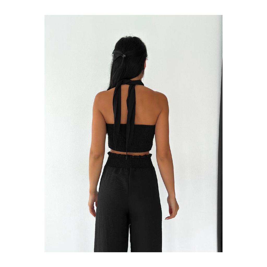 New Season High Waist Button Detailed Elastic Waist Linen Black Palazzo Trousers
