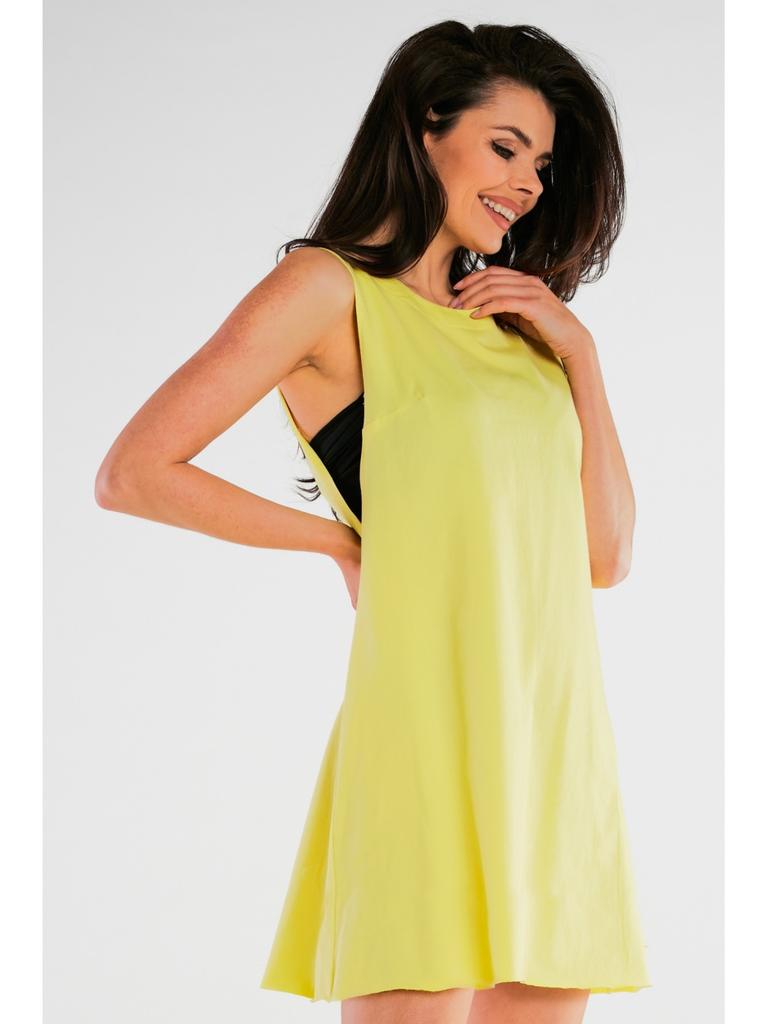 Cotton jersey A-line mini dress with short sleeves, yellow XL