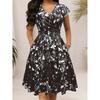 Summer V-neck Pocket Short Sleeve Printed Long Elegant Dress for Women European American Style