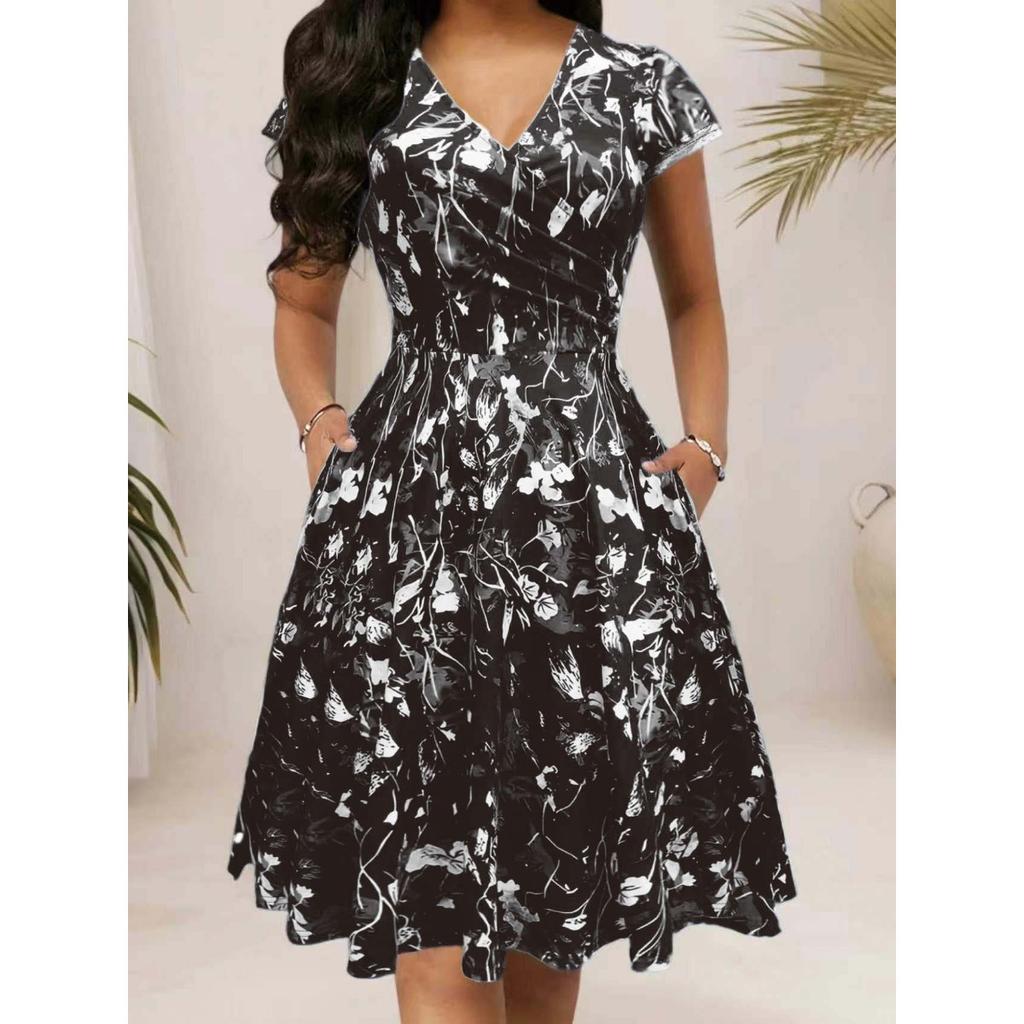 Summer V-neck Pocket Short Sleeve Printed Long Elegant Dress for Women European American Style