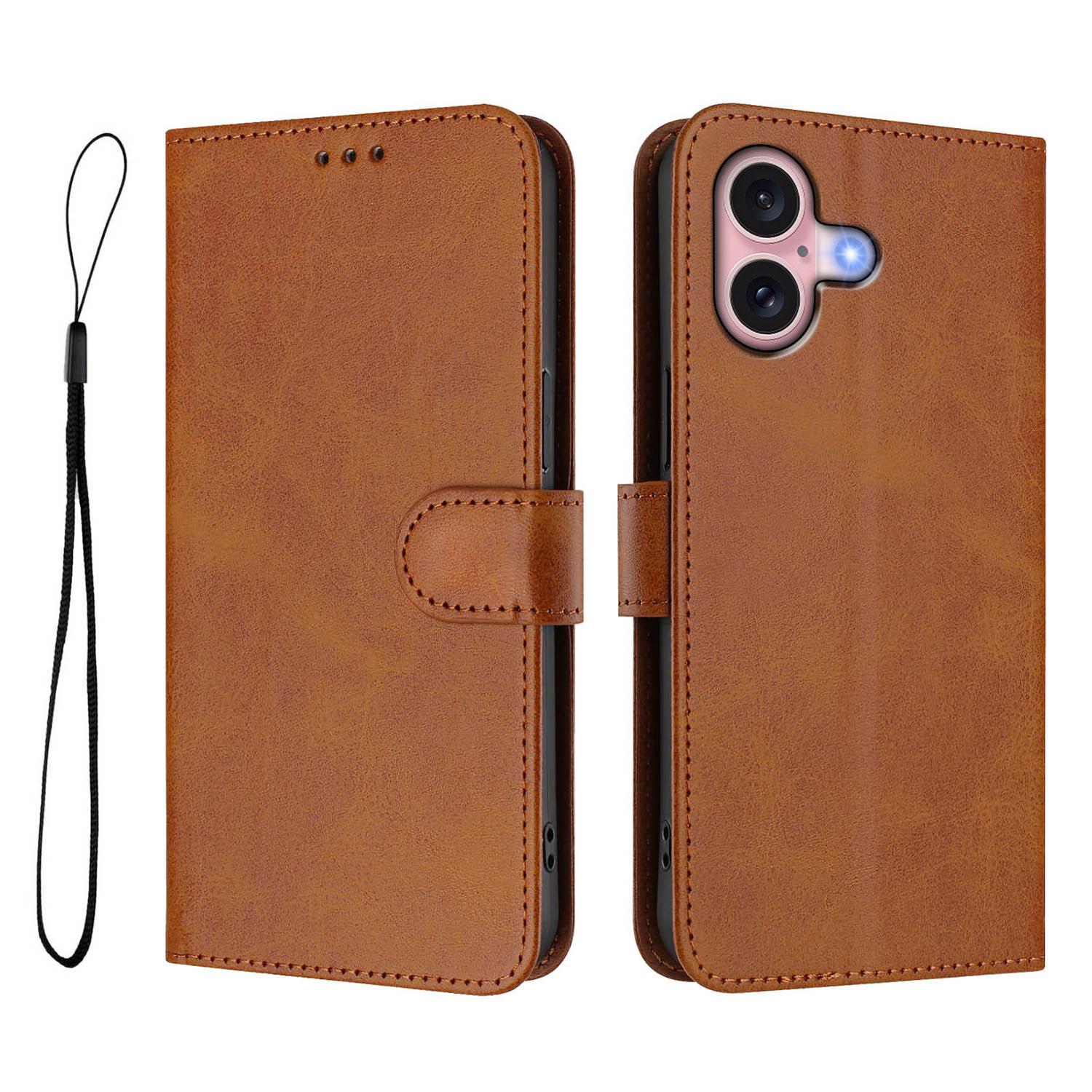 

For iPhone 16 Wallet Case RFID Blocking Calf Texture Leather Stand Phone Cover with Strap Brown