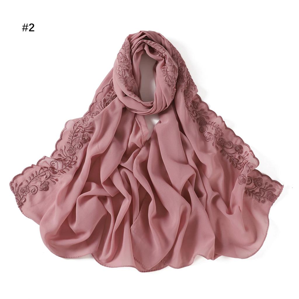 Embroidery Lace Chiffon Hijabs For Women Vine Heavy Pearl Industry Edge Long Scarf Light Scarf Headscarf Shawl Turban Ramadan