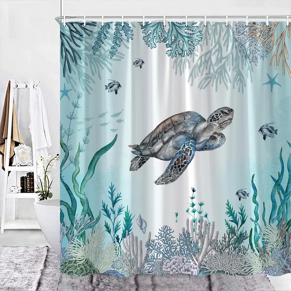 Sea Turtle Theme Shower Curtain Set Wooden Board Coral Water Plants Bubble Sea Life Bathroom Curtain Fabric Decor Washable Hooks