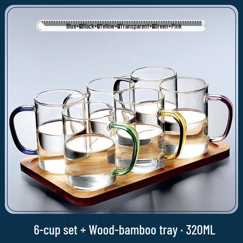 Handun 320ml Thickened High Borosilicate Glass Cups with Bamboo Tray Set (6-Pack)