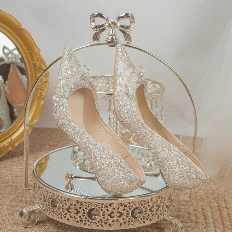 New Sequined Rhinestone Flower High Heels for Bridesmaids, Engagement Shoes, Slim Heels, Non Tiring Feet, Banquet Pumps Shoes