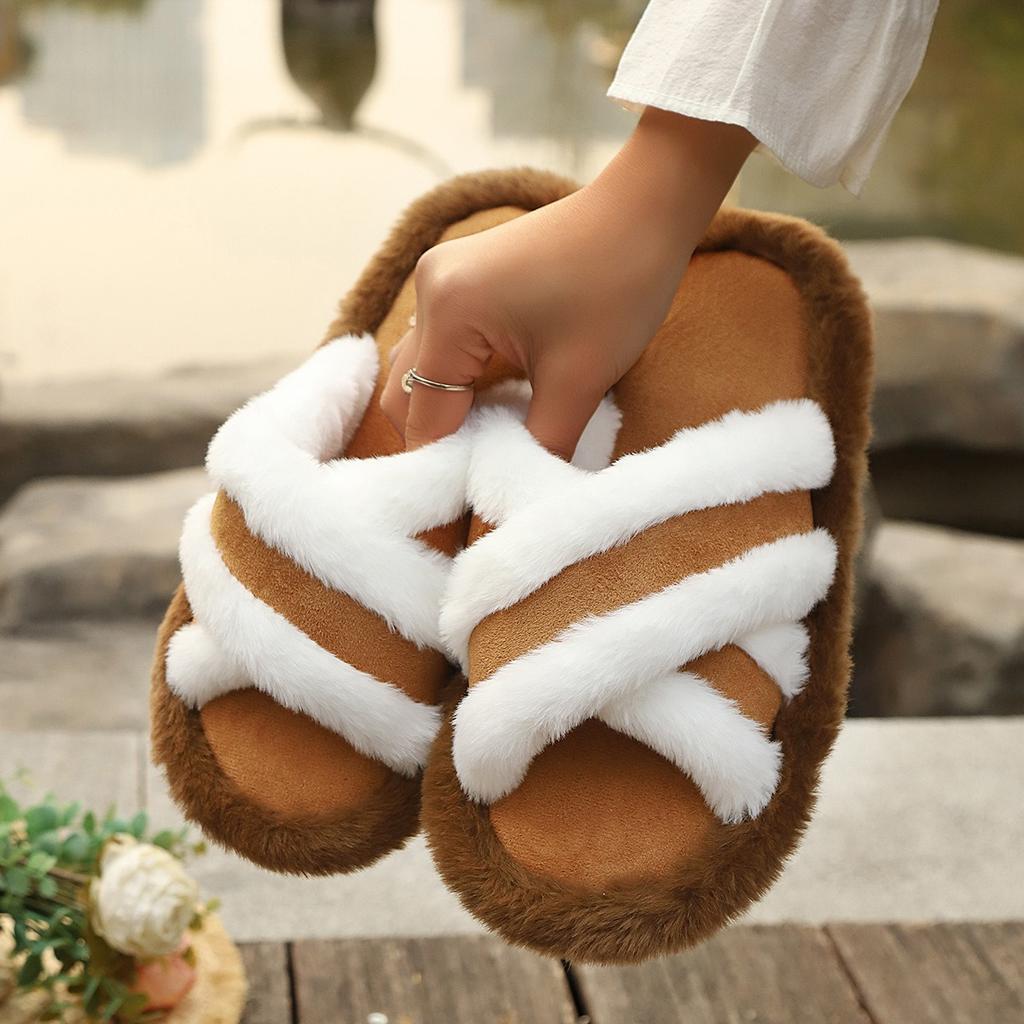 Plush Slippers with Cross Strap Splicing for Warmth and Leisure, Thick Soled Slippers for Women's Comfort, Spring and Autumn Styles