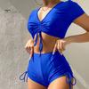 Sexy Bikini 2Pcs/Set Women Summer Set V-Neck Short Sleeve Tops High Bow Tie Swimsuit Waist Drawstring Swimming Trunks Solid Color Quick Drying